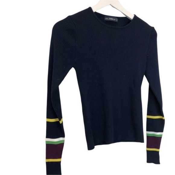 Zara Knit Navy Blue Stripe Sweater Top - Picture 2 of 7